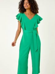 Roman Green Frill Crepe Belted Jumpsuit - Image 4 of 5