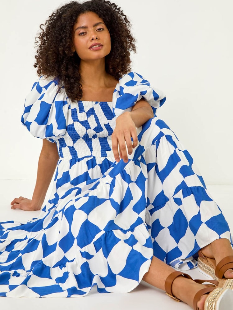 Roman Blue Geo Print Tiered Dress - Image 1 of 5 Roman Blue Geo Print Tiered Dress - Image 1 of 5