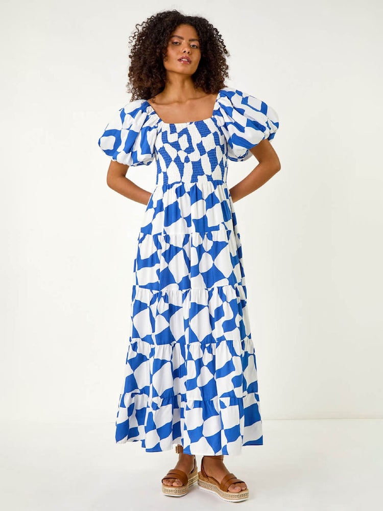 Roman Blue Geo Print Tiered Dress - Image 2 of 5 Roman Blue Geo Print Tiered Dress - Image 2 of 5