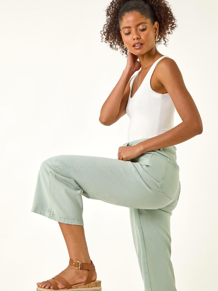 Roman Green Denim Pocket Detail Wide Leg Trousers - Image 1 of 5