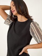 Roman Black Contrast Crochet Sleeve T-Shirt - Image 1 of 5