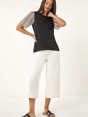 Roman Black Contrast Crochet Sleeve T-Shirt - Image 2 of 5