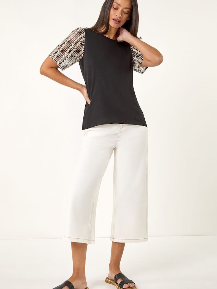 Roman Black Contrast Crochet Sleeve T-Shirt - Image 2 of 5 Roman Black Contrast Crochet Sleeve T-Shirt - Image 2 of 5