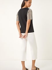 Roman Black Contrast Crochet Sleeve T-Shirt - Image 3 of 5