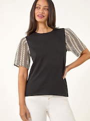 Roman Black Contrast Crochet Sleeve T-Shirt - Image 4 of 5