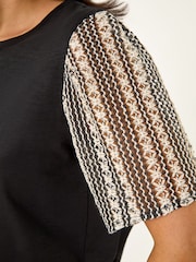 Roman Black Contrast Crochet Sleeve T-Shirt - Image 5 of 5