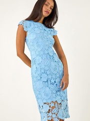 Roman Blue Floral Lace Crochet Midi Dress - Image 1 of 5