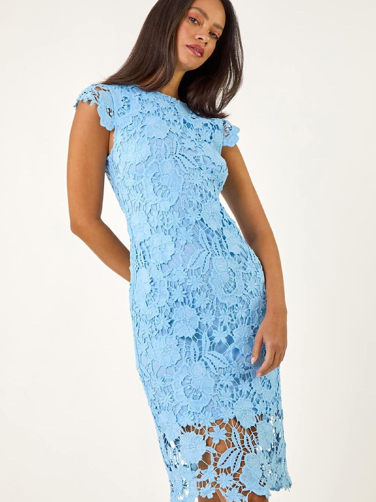 Roman Blue Floral Lace Crochet Midi Dress - Image 1 of 5