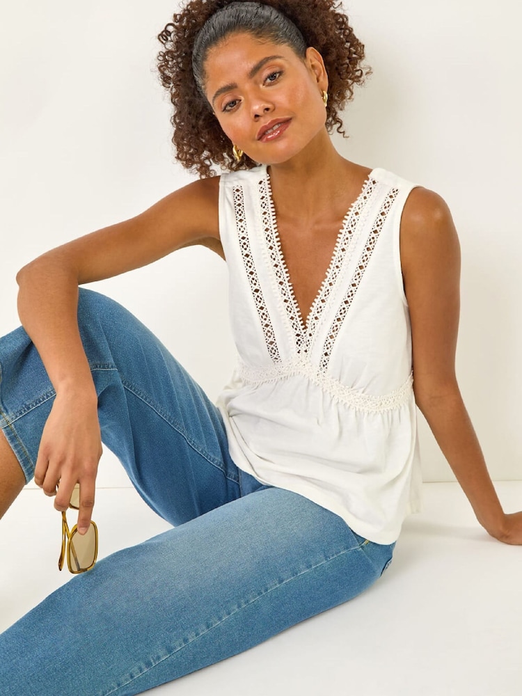 Roman White Detailed Trim V-Neck Vest Top - Image 1 of 5