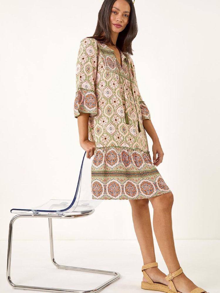 Roman Green Mix Print Smock Midi Dress - Image 2 of 5 Roman Green Mix Print Smock Midi Dress - Image 2 of 5