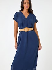 Roman Blue Wrap Front Belted Midi Dress - Image 1 of 5