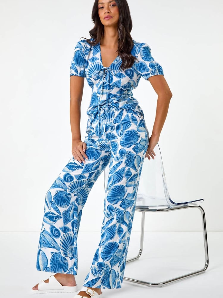 Roman Blue Shell Print Wide Leg Trousers - Image 1 of 5 Roman Blue Shell Print Wide Leg Trousers - Image 1 of 5