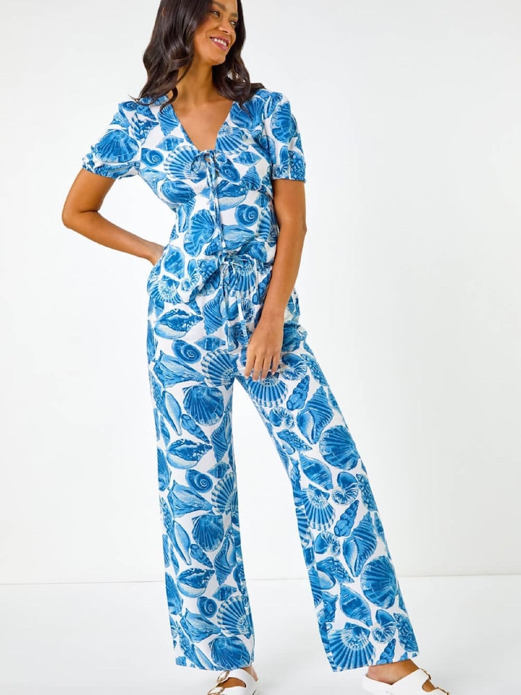 Roman Blue Shell Print Wide Leg Trousers - Image 2 of 5 Roman Blue Shell Print Wide Leg Trousers - Image 2 of 5
