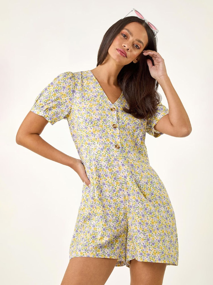 Roman Yellow Ditsy Floral Buttoned Playsuit - Image 1 of 5 Roman Yellow Ditsy Floral Buttoned Playsuit - Image 1 of 5