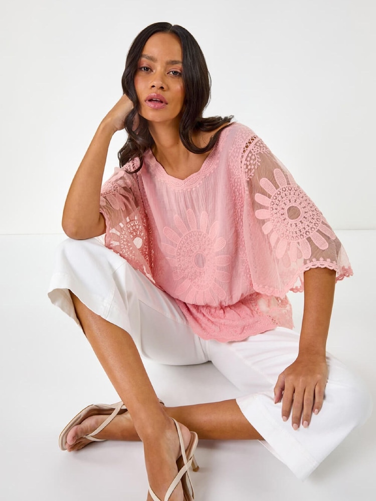Roman Pink Butterfly Lace Blouse - Image 1 of 5 Roman Pink Butterfly Lace Blouse - Image 1 of 5