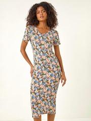 Roman Blue Floral Print Stretch Midi Dress - Image 4 of 5
