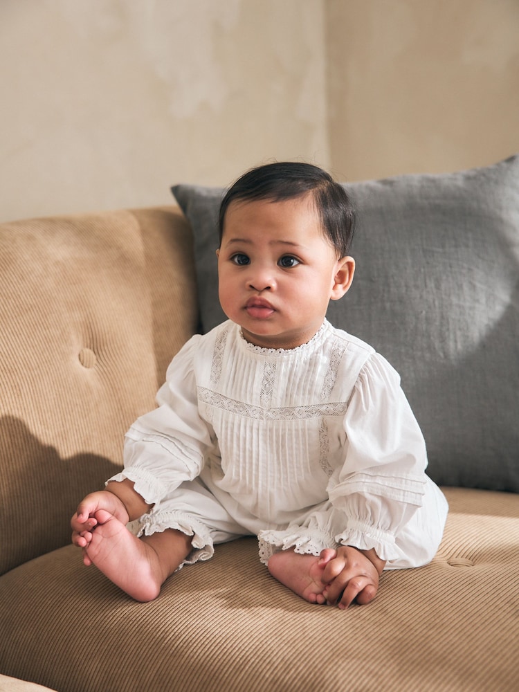 White Woven Lace Top and Trousers Baby 2 Piece Set (0mths-2yrs) - Image 1 of 4 White Woven Lace Top and Trousers Baby 2 Piece Set (0mths-2yrs) - Image 1 of 4