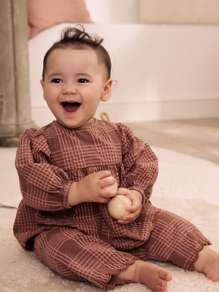 Brown/Pink Check Baby Woven Top and Trousers 2 Piece Set (0mths-2yrs) - Image 1 of 15 Brown/Pink Check Baby Woven Top and Trousers 2 Piece Set (0mths-2yrs) - Image 1 of 15