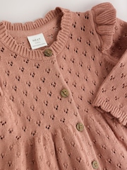 Rust Brown Pointelle Knitted Frill Shoulder Baby Dress (0mths-2yrs) - Image 4 of 6