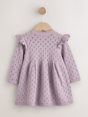 Lilac Purple Pointelle Knitted Frill Shoulder Baby Dress (0mths-2yrs) - Image 2 of 6