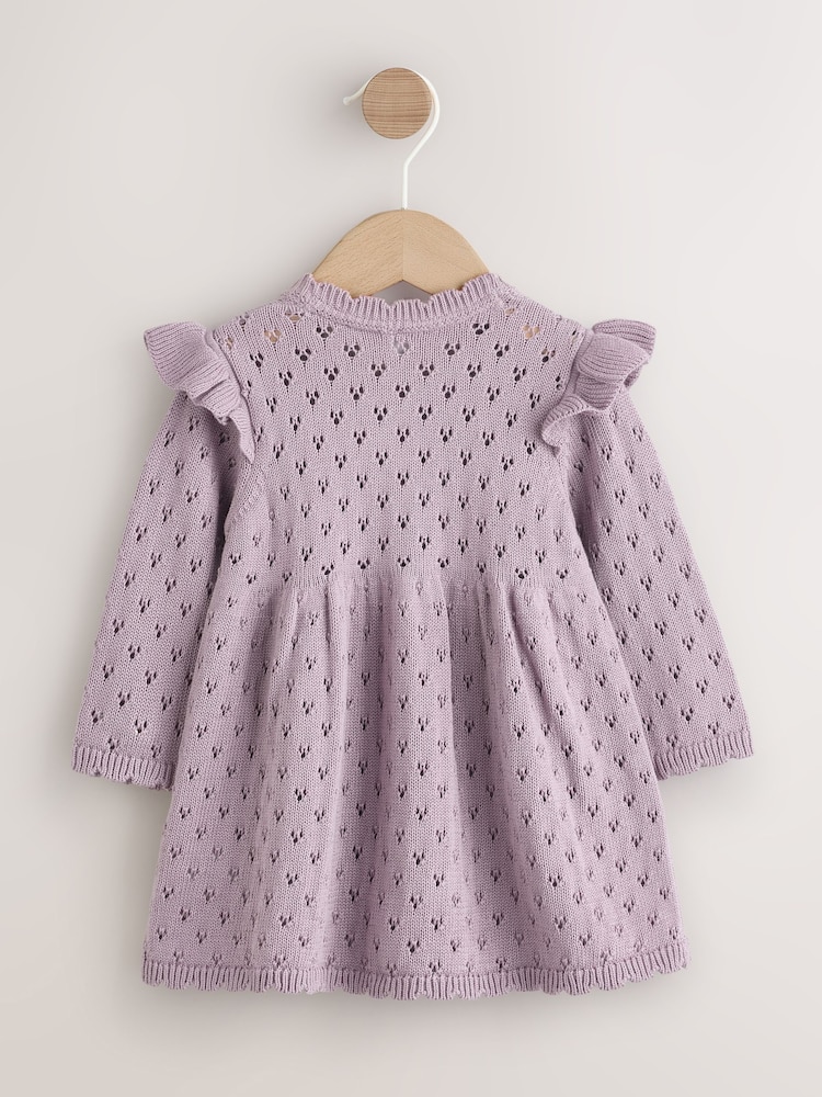 Lilac Purple Pointelle Knitted Frill Shoulder Baby Dress (0mths-2yrs) - Image 2 of 6 Lilac Purple Pointelle Knitted Frill Shoulder Baby Dress (0mths-2yrs) - Image 2 of 6