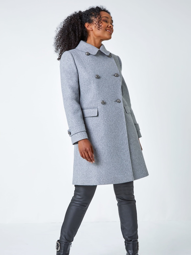 Roman Grey Petite Double Breasted Military Coat - Image 1 of 5 Roman Grey Petite Double Breasted Military Coat - Image 1 of 5