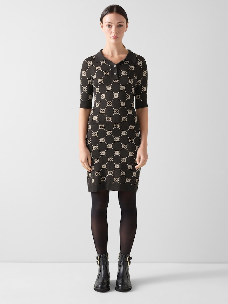 LK Bennett Black Dakota Logo Jacquard Viscose Polo Neck Knit Dress - Image 1 of 4 LK Bennett Black Dakota Logo Jacquard Viscose Polo Neck Knit Dress - Image 1 of 4