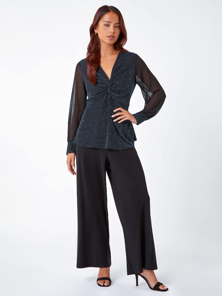 Roman Blue Petite Twist Front Chiffon Sleeve Stretch Blouse - Image 1 of 5 Roman Blue Petite Twist Front Chiffon Sleeve Stretch Blouse - Image 1 of 5
