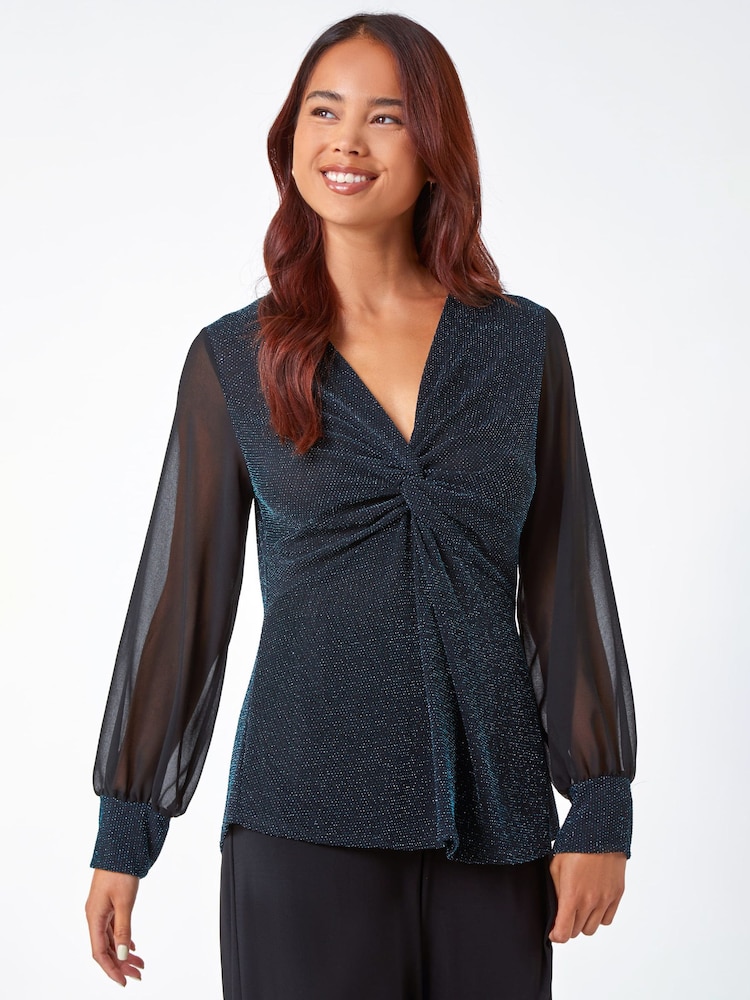 Roman Blue Petite Twist Front Chiffon Sleeve Stretch Blouse - Image 2 of 5 Roman Blue Petite Twist Front Chiffon Sleeve Stretch Blouse - Image 2 of 5