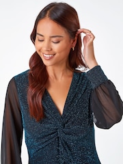 Roman Blue Petite Twist Front Chiffon Sleeve Stretch Blouse - Image 4 of 5