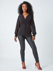 Roman Pink Petite Twist Front Chiffon Sleeve Stretch Blouse - Image 1 of 5