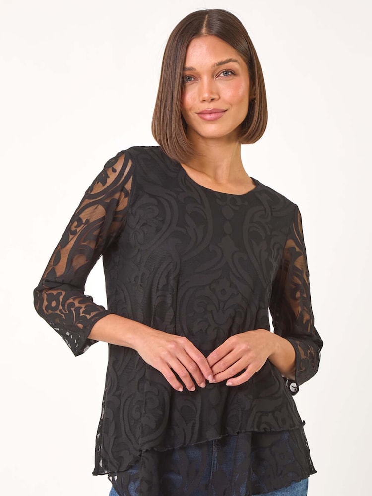 Roman Black Burnout Print Asymmetric Stretch Blouse - Image 1 of 5 Roman Black Burnout Print Asymmetric Stretch Blouse - Image 1 of 5