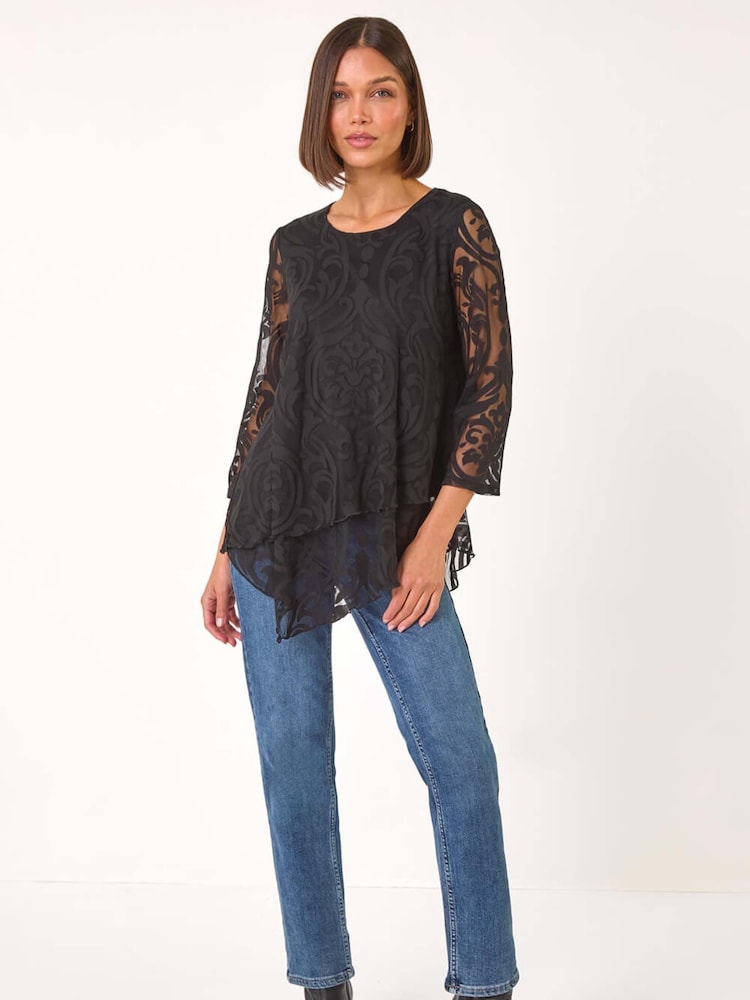Roman Black Burnout Print Asymmetric Stretch Blouse - Image 2 of 5 Roman Black Burnout Print Asymmetric Stretch Blouse - Image 2 of 5