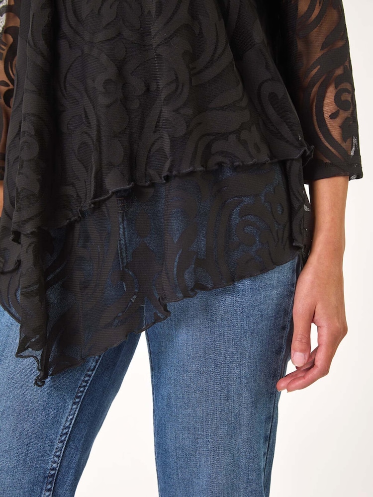 Roman Black Burnout Print Asymmetric Stretch Blouse - Image 5 of 5 Roman Black Burnout Print Asymmetric Stretch Blouse - Image 5 of 5