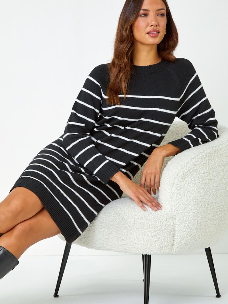 Roman Black Stripe Print Knitted Jumper Dress - Image 2 of 5 Roman Black Stripe Print Knitted Jumper Dress - Image 2 of 5