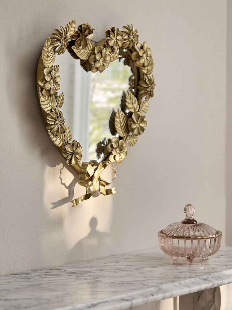 Gold Metal Floral Heart Mirror Wall Art - Image 1 of 4 Gold Metal Floral Heart Mirror Wall Art - Image 1 of 4