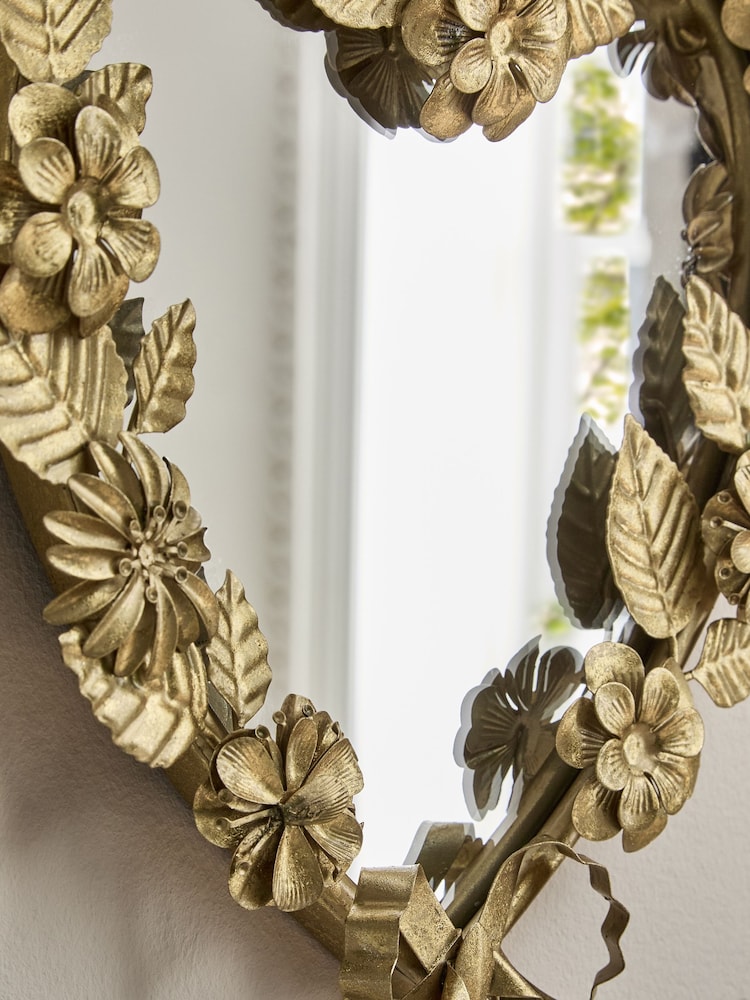 Gold Metal Floral Heart Mirror Wall Art - Image 2 of 4 Gold Metal Floral Heart Mirror Wall Art - Image 2 of 4