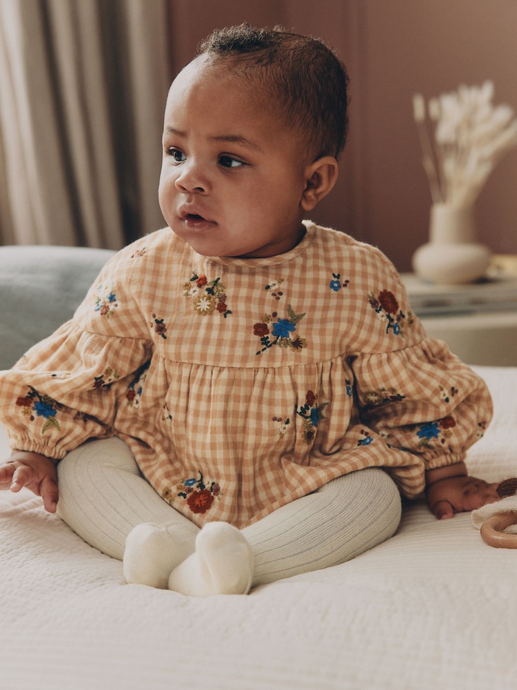 Brown/Cream Check Embroidered Baby Bubble Romper And Tights 2 Piece Set (0mths-2yrs) - Image 1 of 14 Brown/Cream Check Embroidered Baby Bubble Romper And Tights 2 Piece Set (0mths-2yrs) - Image 1 of 14