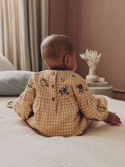 Brown/Cream Check Embroidered Baby Bubble Romper And Tights 2 Piece Set (0mths-2yrs) - Image 2 of 14