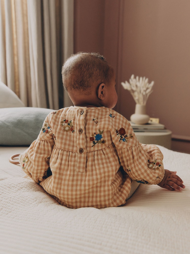 Brown/Cream Check Embroidered Baby Bubble Romper And Tights 2 Piece Set (0mths-2yrs) - Image 2 of 14 Brown/Cream Check Embroidered Baby Bubble Romper And Tights 2 Piece Set (0mths-2yrs) - Image 2 of 14