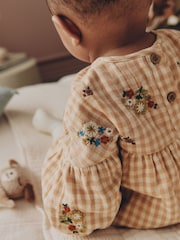 Brown/Cream Check Embroidered Baby Bubble Romper And Tights 2 Piece Set (0mths-2yrs) - Image 5 of 14