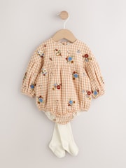 Brown/Cream Check Embroidered Baby Bubble Romper And Tights 2 Piece Set (0mths-2yrs) - Image 6 of 14