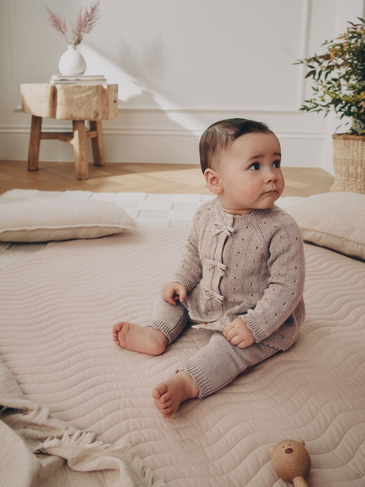 Chocolate Brown Frill Knitted Bow Baby Cardigan & Leggings Set 2 Piece (0mths-2yrs) - Image 1 of 14