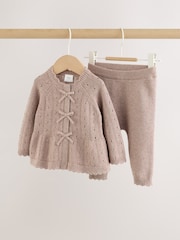 Chocolate Brown Frill Knitted Bow Baby Cardigan & Leggings Set 2 Piece (0mths-2yrs) - Image 5 of 14