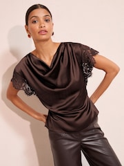 بني - Friends Like These Lace Sleeve Satin Blouse With Waist Ties - Image 2 of 4