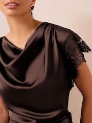 بني - Friends Like These Lace Sleeve Satin Blouse With Waist Ties - Image 3 of 4