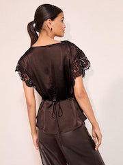 بني - Friends Like These Lace Sleeve Satin Blouse With Waist Ties - Image 4 of 4