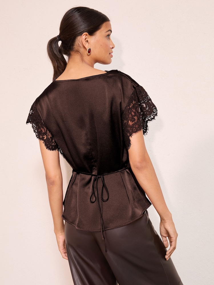 بني - Friends Like These Lace Sleeve Satin Blouse With Waist Ties - Image 4 of 4 بني - Friends Like These Lace Sleeve Satin Blouse With Waist Ties - Image 4 of 4