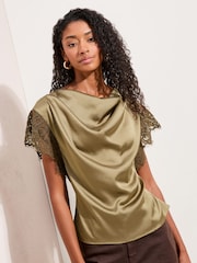 أخضر زيتوني - Friends Like These Lace Sleeve Satin Blouse With Waist Ties - Image 1 of 4