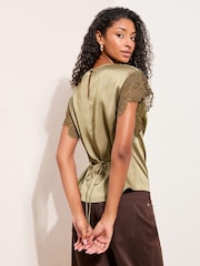 أخضر زيتوني - Friends Like These Lace Sleeve Satin Blouse With Waist Ties - Image 2 of 4